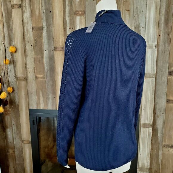 Elie Tahari M Turtleneck Sweater Maelee Navy Ribbed Pointelle Perforated Sleeves - Picture 5 of 5